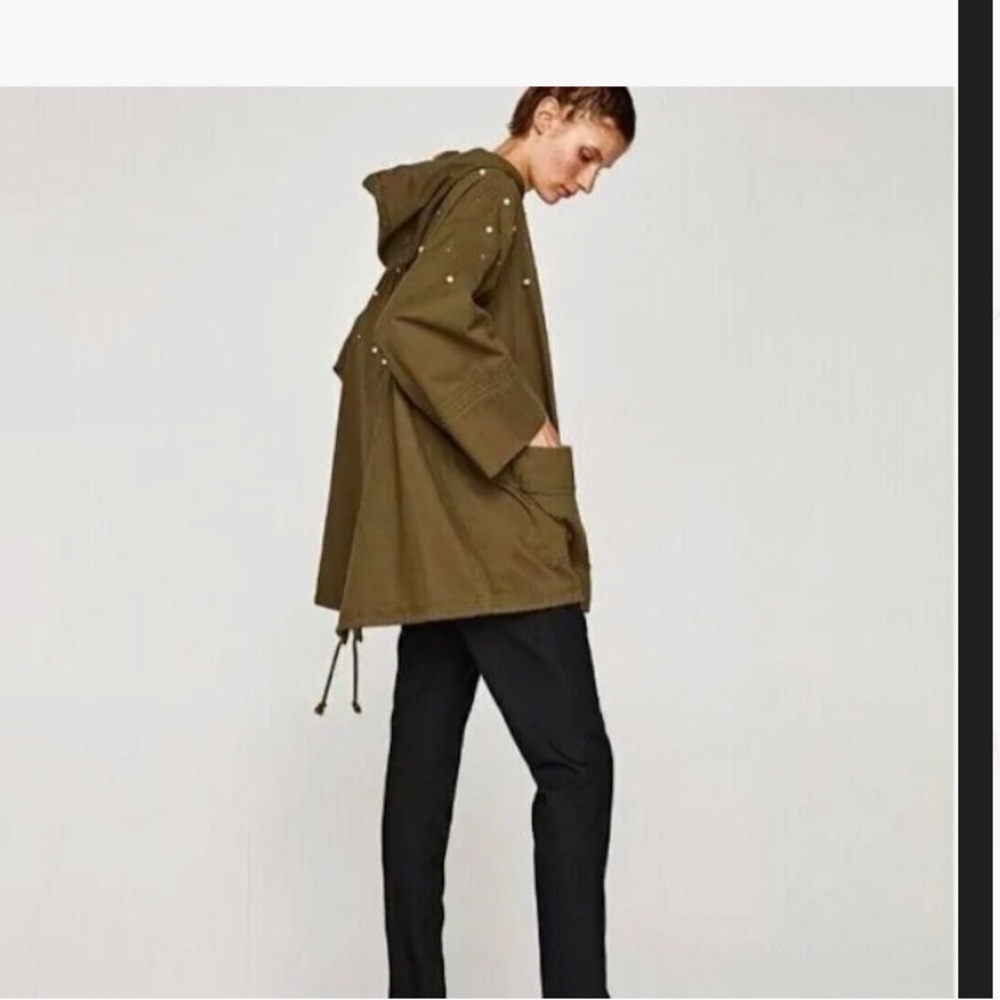 Zara Military green parka with pearls- size small